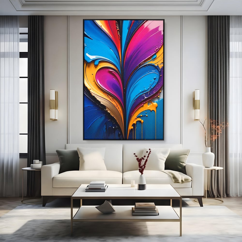 Tablou canvas cu pictura abstracta cu valuri colorate, in rama de aluminiu negru, pe perete intr-un living